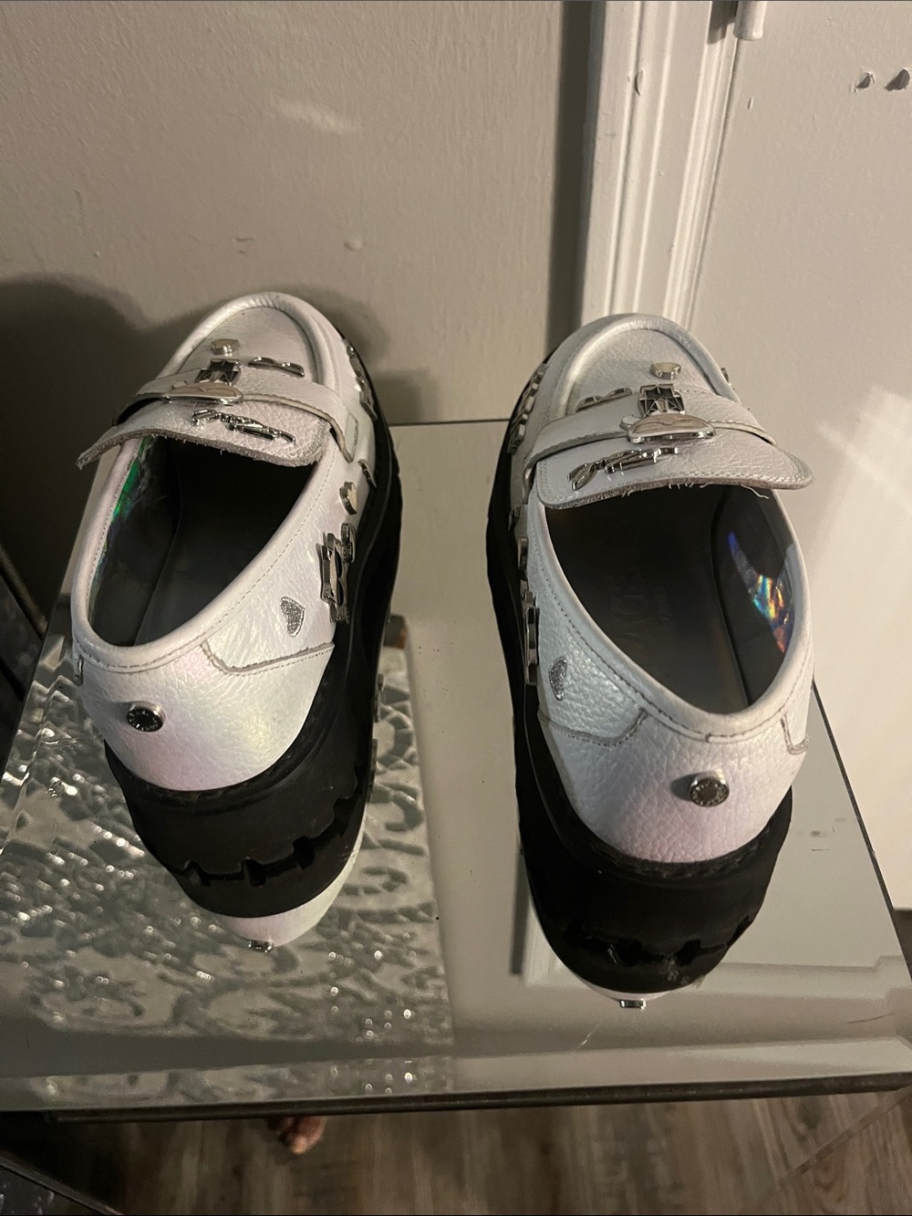 Karl Lagerfeld White Loafers with Black Chunky Soles and Silver Hardware